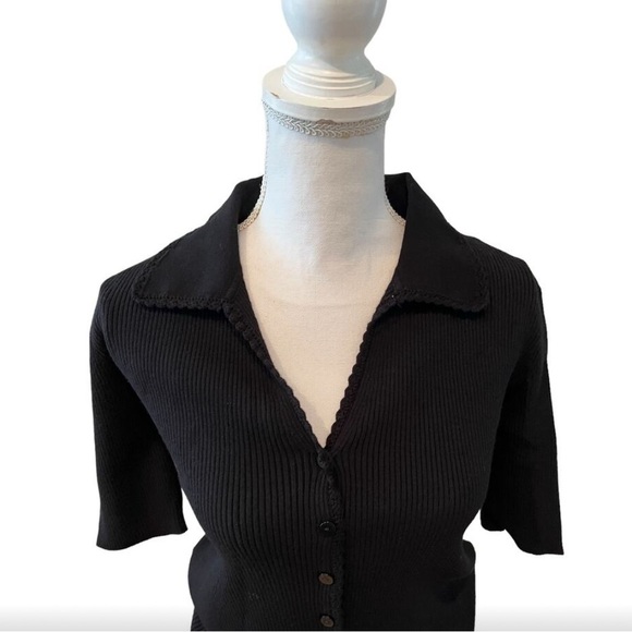Elie Tahari Ribbed Collared Short Sleeve Cardigan Sweater Black S - Picture 3 of 7